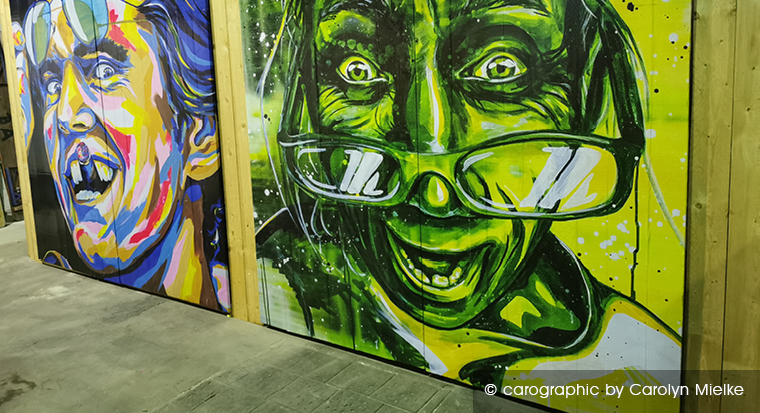 carographic Ausstellung Scandale Cottbus, Portraitmalerei auf Paletten, großformatige Pop Art Gesichter, Kunst im Bunter Bahnhof Cottbus
