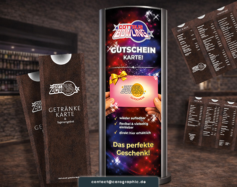 Printdesign für Gastronomie und Freizeit mit Aufsteller, Getränkekarte und Gutscheinwerbung für professionelle Kundenkommunikation
