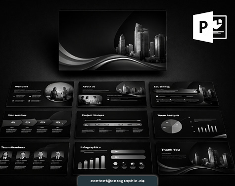 Dunkles PowerPoint Präsentationsdesign mit Business Folien, Diagrammen und hochwertigem Layout für Unternehmen und professionelle Markenkommunikation