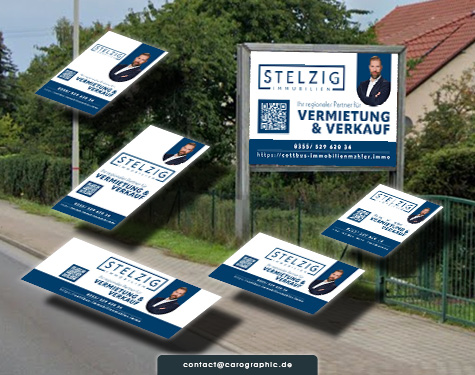 Printdesign für Immobilienmarketing mit Maklerschild, Werbemitteln und Layout für professionelle Außendarstellung eines Immobilienmaklers